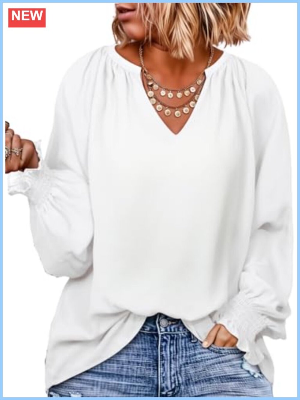 Plus Size Chiffon V Neck Smocked Long Sleeve Tunic Blouse Dressy Casual